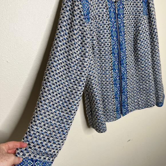 Chico's Woven Paisley Trim Blue Zip Up Blazer 2 (12/14) - Picture 3 of 11